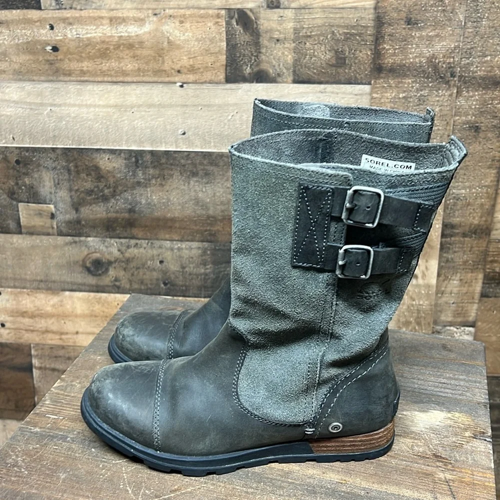 Sorel Women Boots Major Moto Buckle Pull On‎ NL2166 028 Leather Gray Sz 6.5
